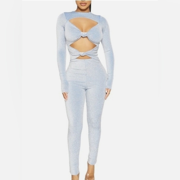 NAKED WARDROBE Glow On Long Sleeve Cut-out Knotted Metallic Sparkle Jumpsuit XL - Picture 2 of 14